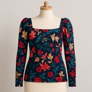 Floral Puff Sleeve Long Sleeve Women's Top